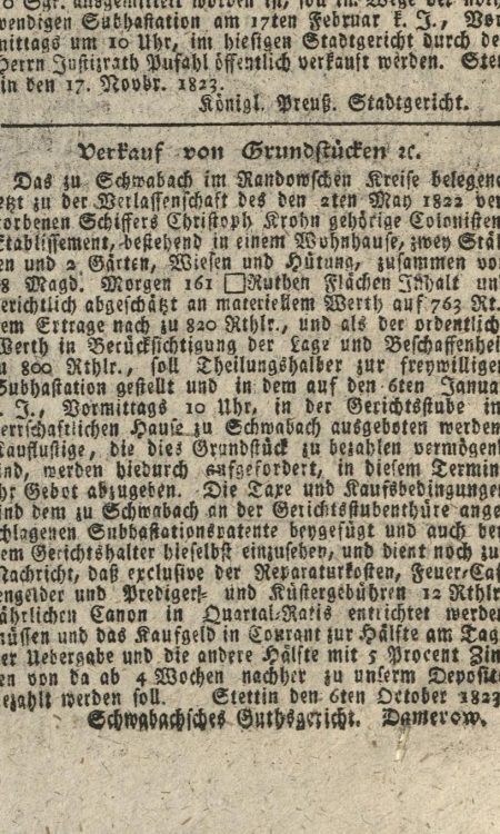 Licytacja wystawiona na majątek mieszkańca Schwabach - był nim Christoph Kohn, 1823 rok