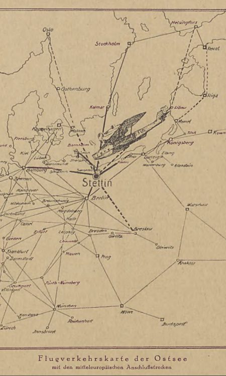 Mapa ukazująca połączenia bezpośrednie i pośrednie z lądowaniem w szczecińskim porcie lotniczym