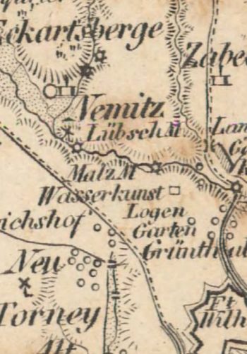 Lübsche Mühle (Młyn Lübschego) na mapie Flemminga z około 1843 roku