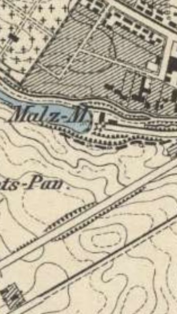 Malzmühle (Młyn Słodowy) na mapie z około 1888 roku