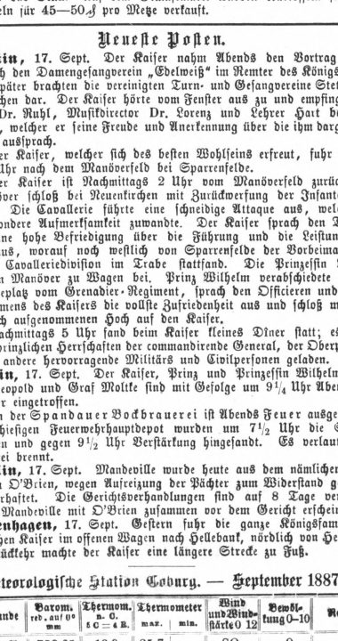 Wzmianka prasowa o manewrach z udziałem cesarza między Skarbimierzycami i Dołujami w 1887 roku