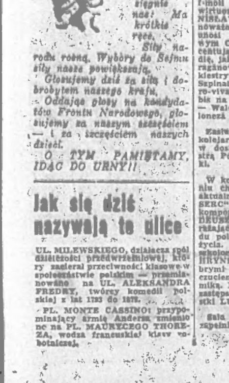 Wycinek z Kuriera Szczecińskiego z 1952 roku z informacją o zmianie ulicy - na Fredry