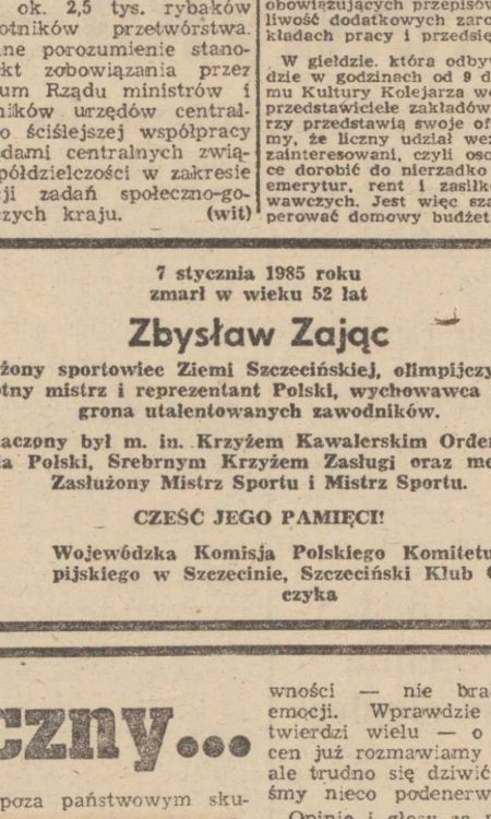 Nekrolog Zbysława Zająca podany w Kurierze Szczecińskim z 8 stycznia 1985 roku