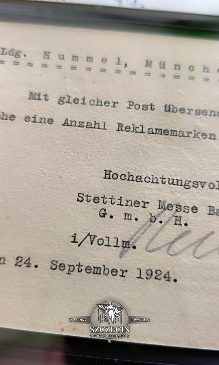 List na papierze firmowym wysłany w 1924 roku z biura Stettiner Messe-Bau GmbH