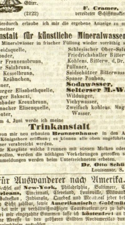 Reklama pijalni pana Schür z 1857 roku