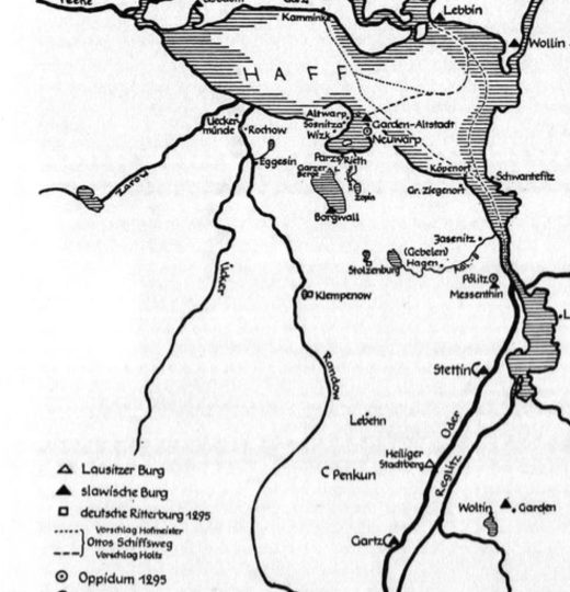 Mapa z powojennej publikacji niemieckiej wymieniająca grodzisko również w Nowym Warpnie (Altstadt)