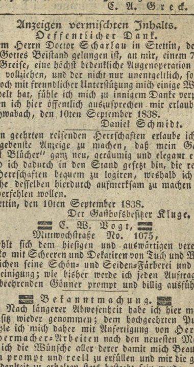 Podziękowanie w prasie z 1838 roku na nazwisko Daniel Schmidt, stopka z "naszego" Schwabach?