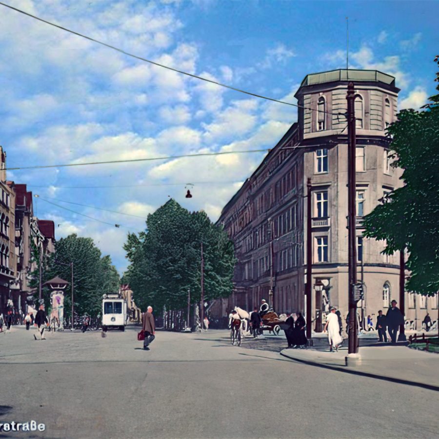 Widok na końcówkę dawnej Pölitzerstraße w ręcznej koloryzacji starej pocztówki