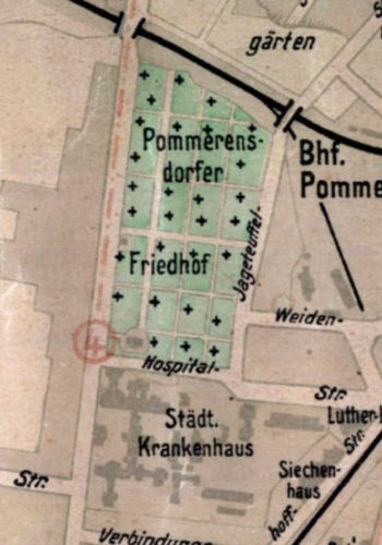 Mapa układu cmentarza z dawnym układem Hospital-Straße (Świętego Józefa) i dwoma budynkami