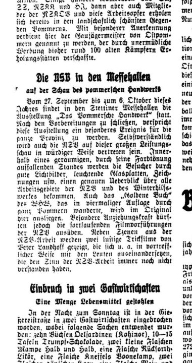 Wzmianka z Pommersche Zeitung z 1935 roku o odbywających się targach Pommersche Handwerk