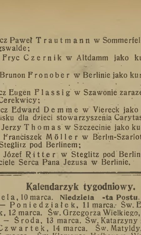 Ksiądz Fryc Czernik z Altdamm (Dąbie) wyznaczony do przeniesienia, wzmianka z Posłańca Niedzielnego z 1929 roku