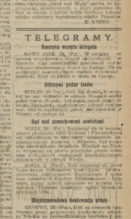 Wzmianka o pożarach lasów pod Nowogardem w 1925 roku w Gazecie Kaliskiej