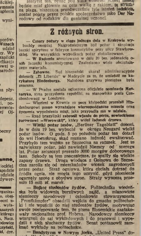 Wzmianka o pożarach lasów w 1925 roku w Gazecie Pomorskiej