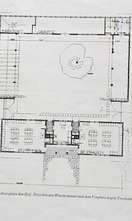 Plan układu budynków - osobna izba dla kobiet i mężczyzn, łazienki, na rowery...