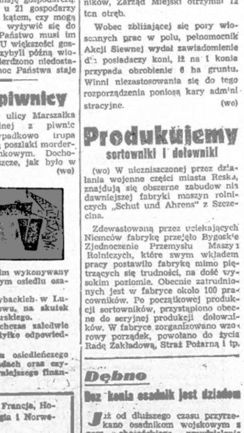 Wzmianka z polskiej prasy z 1947 roku mówiąca o oddziale firmy w Resku