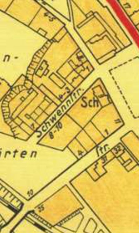 Kompleks fabryki i kamienice na mapie z około 1937 roku