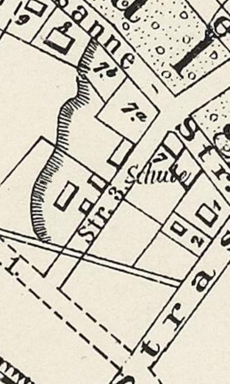 Kompleks fabryki oznaczony przy projektowanej ulicy, wycinek z około 1904 roku