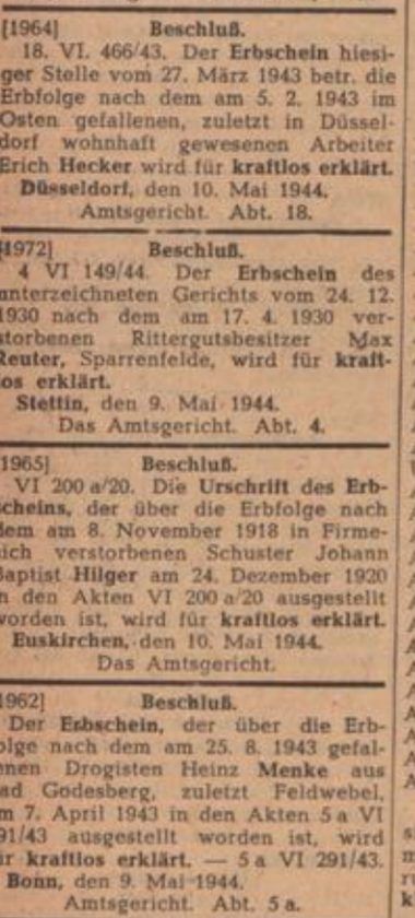 Unieważnienie spadku Maxa Reuter z datą śmierci, z 1944 roku