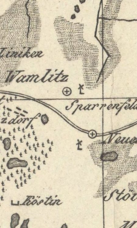 Mocno nieprecyzyjna mapa ukazująca Sparrenfelde przy głównym trakcie