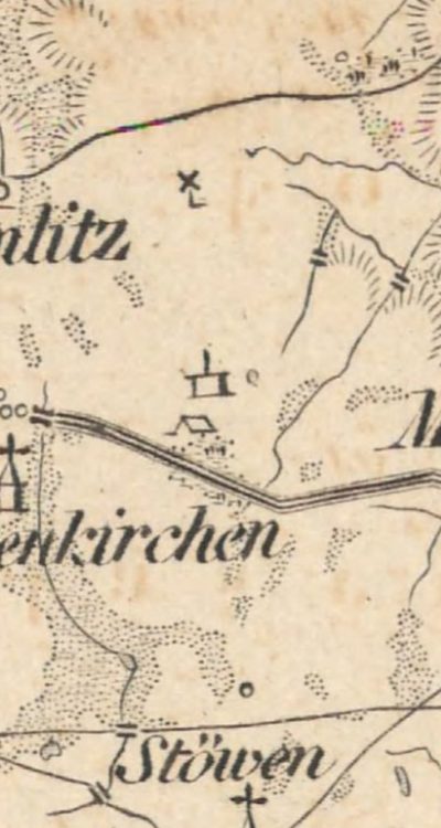 Fragment mapy z XVII wieku ukazujący nieopisaną nazwą lokalizację między Mierzynem i Dołujami