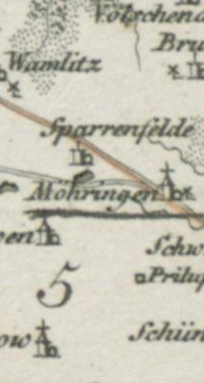 Mocno nieprecyzyjna mapa ukazująca Sparrenfelde przy głównym trakcie