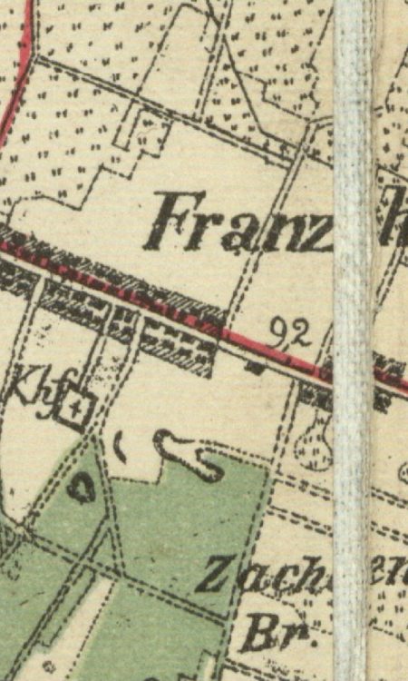 Franzhausen (Stary Szlak) na mapie z końca XIX wieku, z widocznym cmentarzem