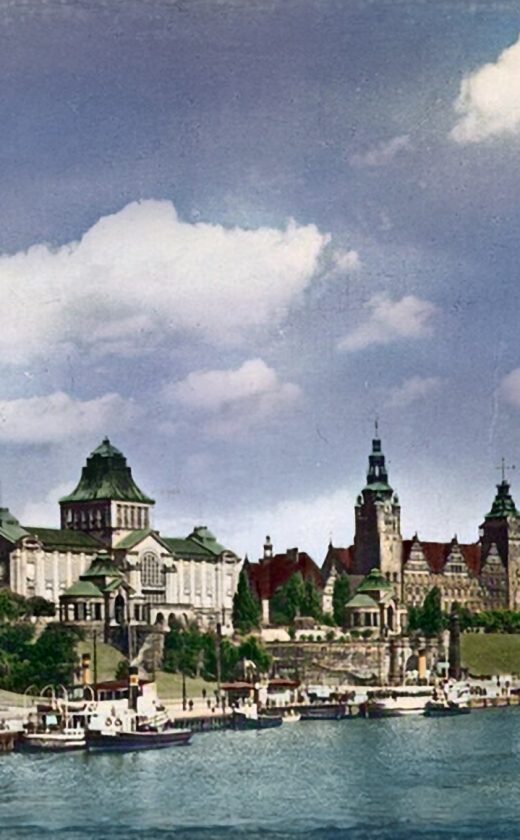 Widok z Mostu Kłodnego na Wały Chrobrego z wystającym Terrassen Hotel, w koloryzacji autora