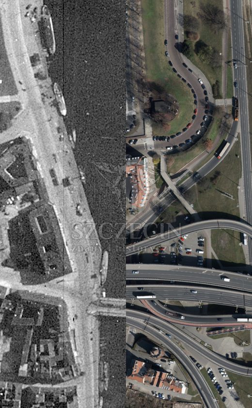 Porównanie lotnicze 1943 i 2022 z lokalizacją hotelu - narożna od północy