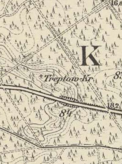 Treptow Kreuz na mapie z około 1888 roku, obok Podbrzezia