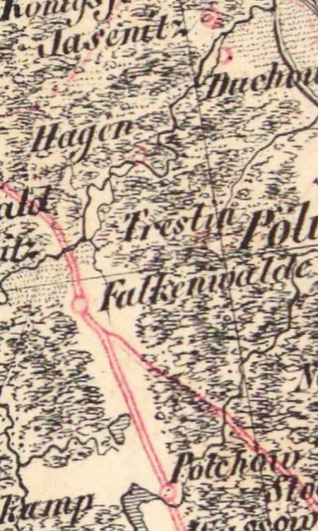 Trzeszczyn na mapach z około 1838 roku nieopodal zaznaczonej drogi pocztowej