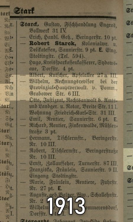 Wilhelm Paul Johann August Starck w adresach zamieszkania do 1927 roku