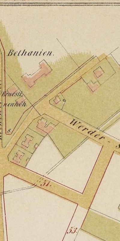 Widoczny budynek narożny - willa - na mapie z około 1877 roku