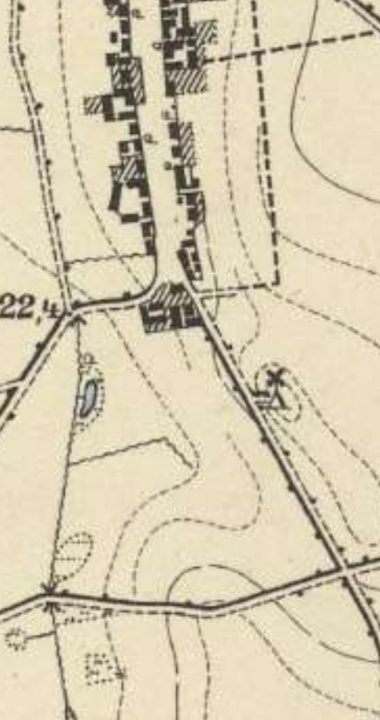 Mapa z około 1888 roku wskazująca na zabudowania i dawny młyn-koźlak