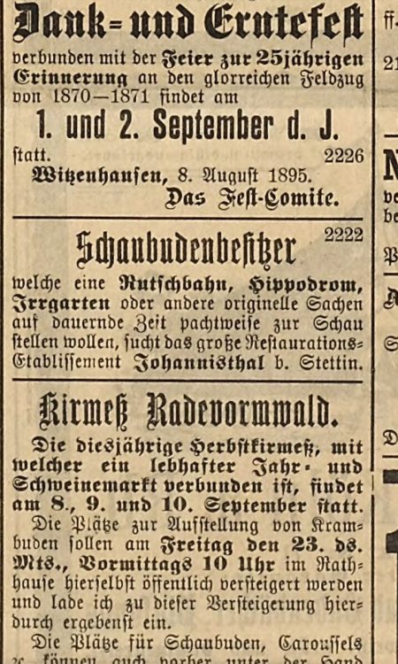 Ogłoszenie o wynajmie urządzeń dla Johannisthal z 1895 roku - Der Komet