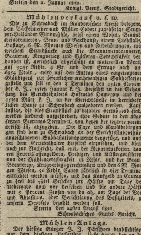 Wzmianka o sprzedaży młyna holenderskiego w Schwabach z 1821 roku
