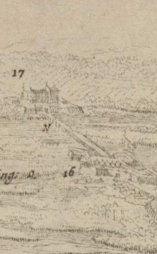Umocnienia okolic Mostu Cłowego na widoku przedstawiającym oblężenie w 1677 roku
